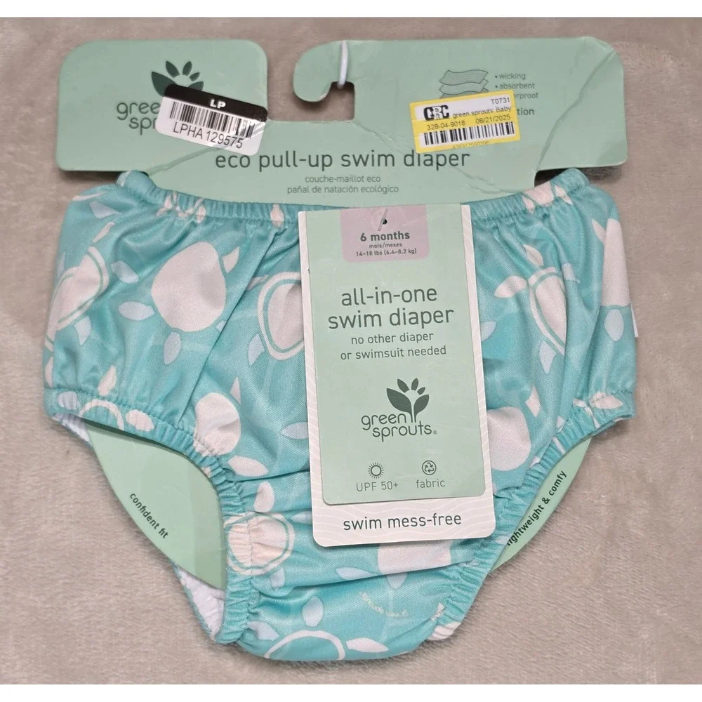 Green Sprouts Teal‎ Turtle Eco Pull-Up Swim Diaper 6 Months UPF 50+ Reusable